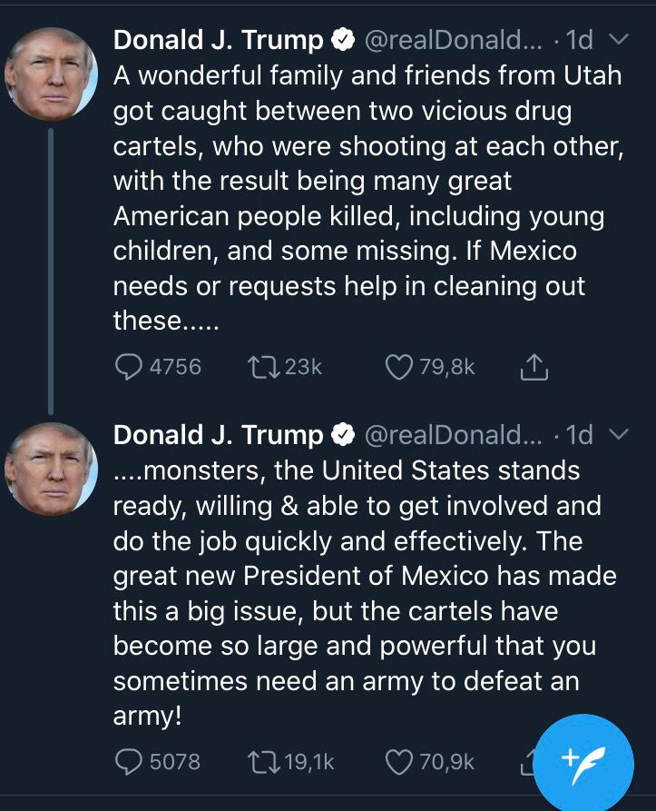 Donald Trump ofreció ayuda militar a mexico. Imagen: Print de pantalla