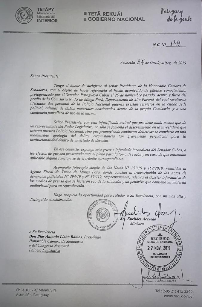 Documento presentado por el ministro del Interior, Euclides Acevedo ante el presidente del Senado.