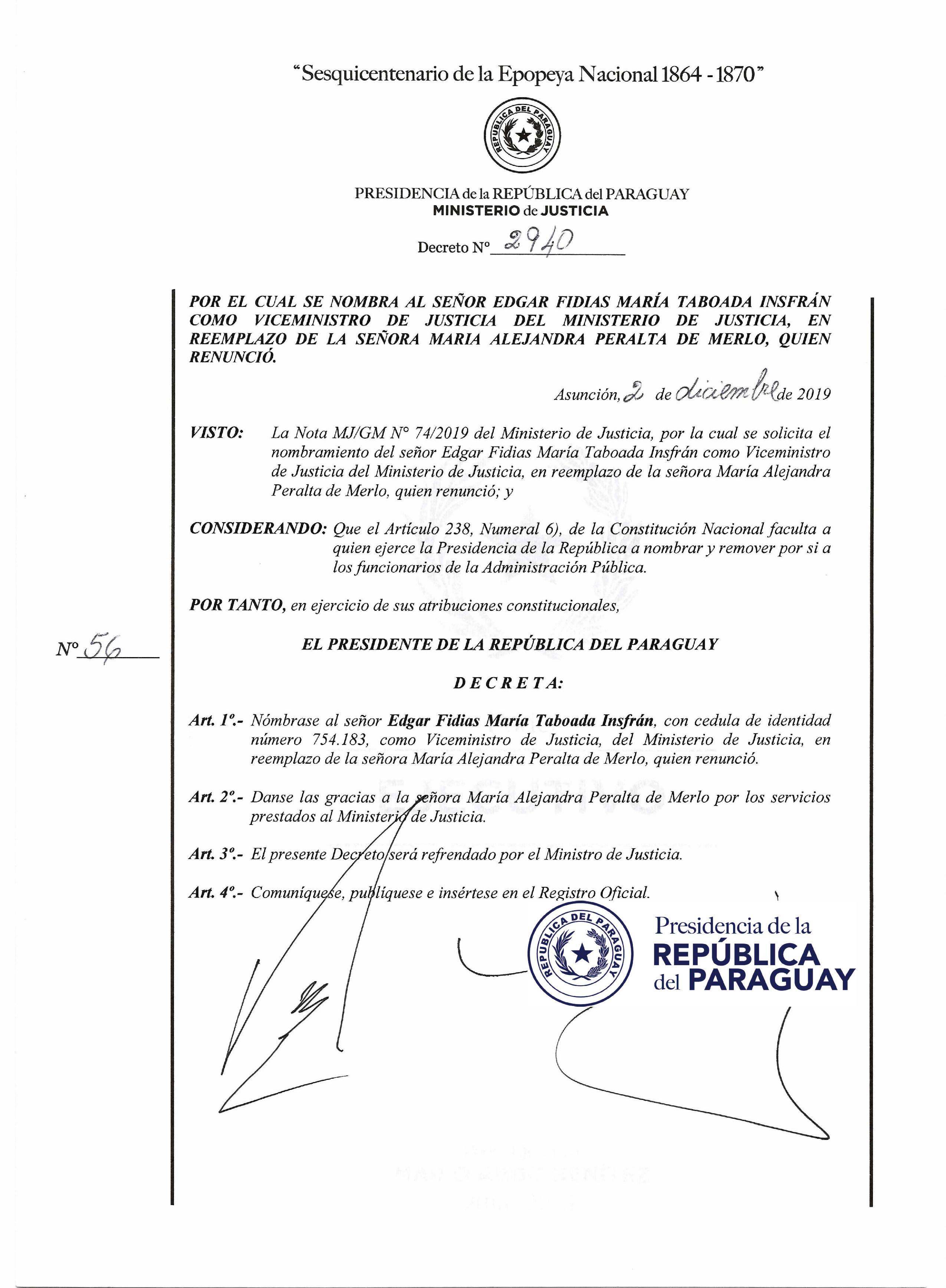 Decreto Nº 2940, por el que el presidente Mario Abdo nombra a Édgar María Taboada Ynsfrán en reemplazo de María Alejandra Peralta de Merlo.