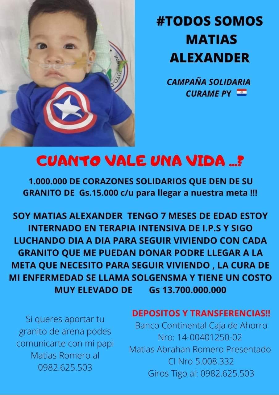 Matías Alexander se encuentra en terapia intensiva luchando por su vida. Piden ayuda de la ciudadanía para iniciar su tratamiento contra la atrofia muscular que padece.