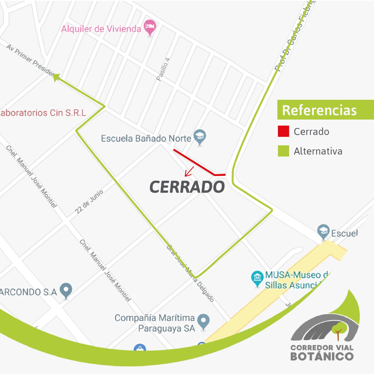 Caminos alternativos a la zona de obras sobre la avenida Primer Presidente entre entre las calles Viuda de las Llanas y 22 de junio. Fuente: @mopcparaguay