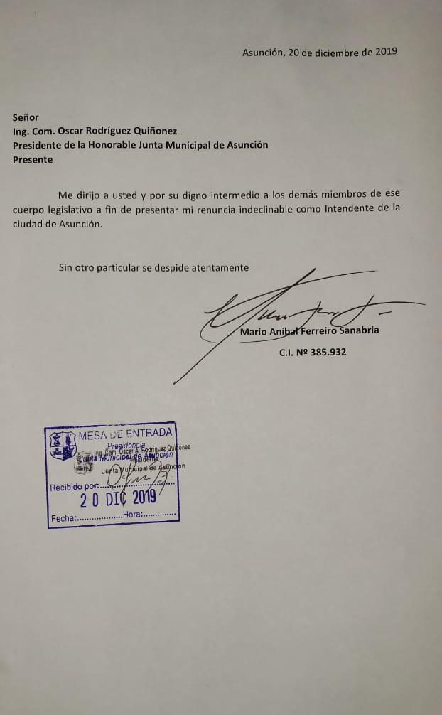 Documento de renuncia de Mario Ferreiro. Foto: Gentileza