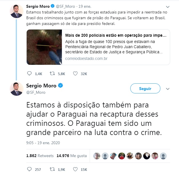 Publicación del Ministro de Justicia brasileño, Sergio Moro.