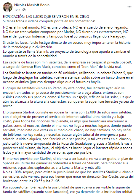El astrónomo aficionado Nicolás Masloff explicó a través de su cuenta en Facebook, de qué se trató el hecho. Foto: Captura de publicación.