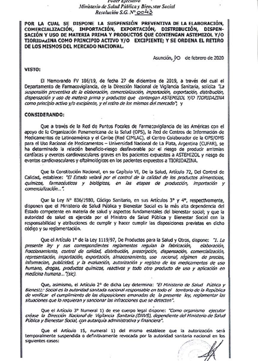 Documento del Ministerio de Salud en el que disponen la suspensión de productos con astemizol y/o tioridazina.