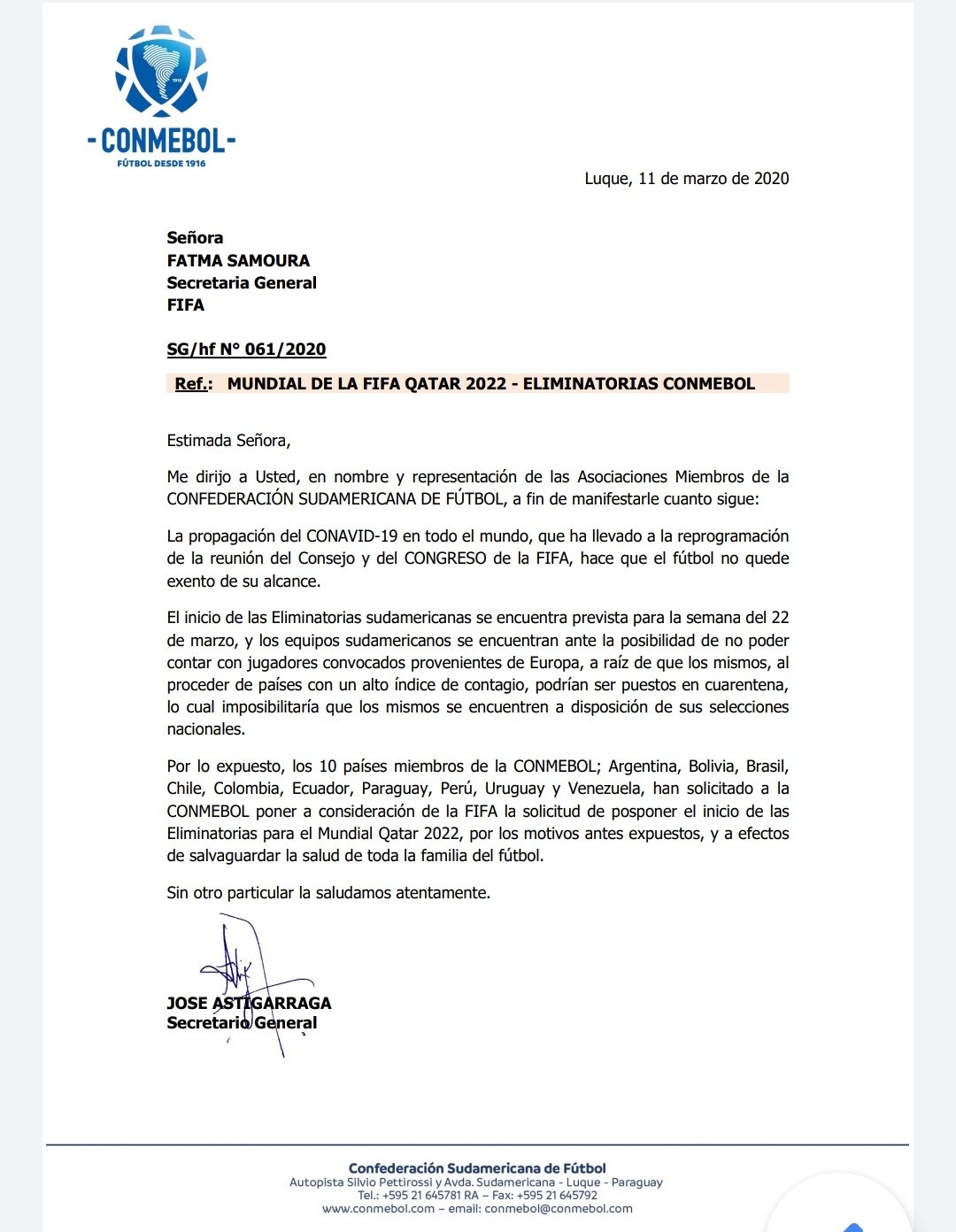 Comunicado oficial de la Conmebol dirigido a la FIFA.