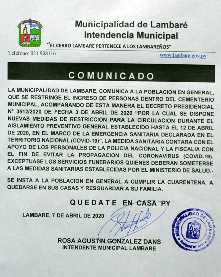 Comunicado de la Municipalidad de Lambaré.