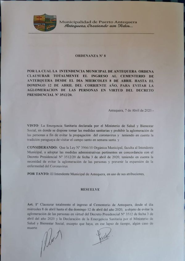 Comunicado de la Municipalidad de Puerto Antequera.