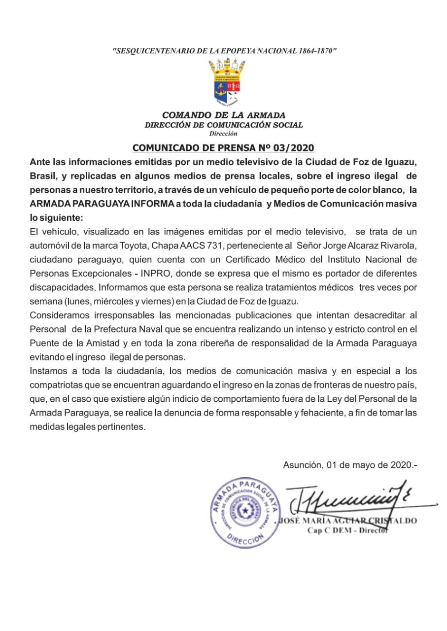 Comunicado de la Armada Paraguaya. Fuente: Armada Paraguaya (Facebook)