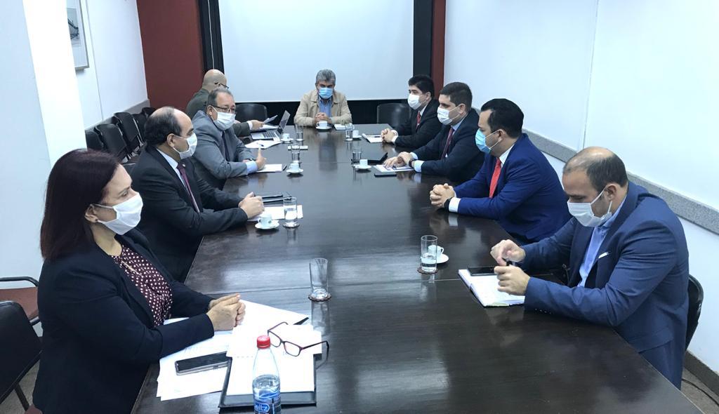 Reunión de autoridades de sanidad animal y vegetal, agricultura y ganadería, y cancillería nacional, sentados, todos cubiertos con tapabocas.