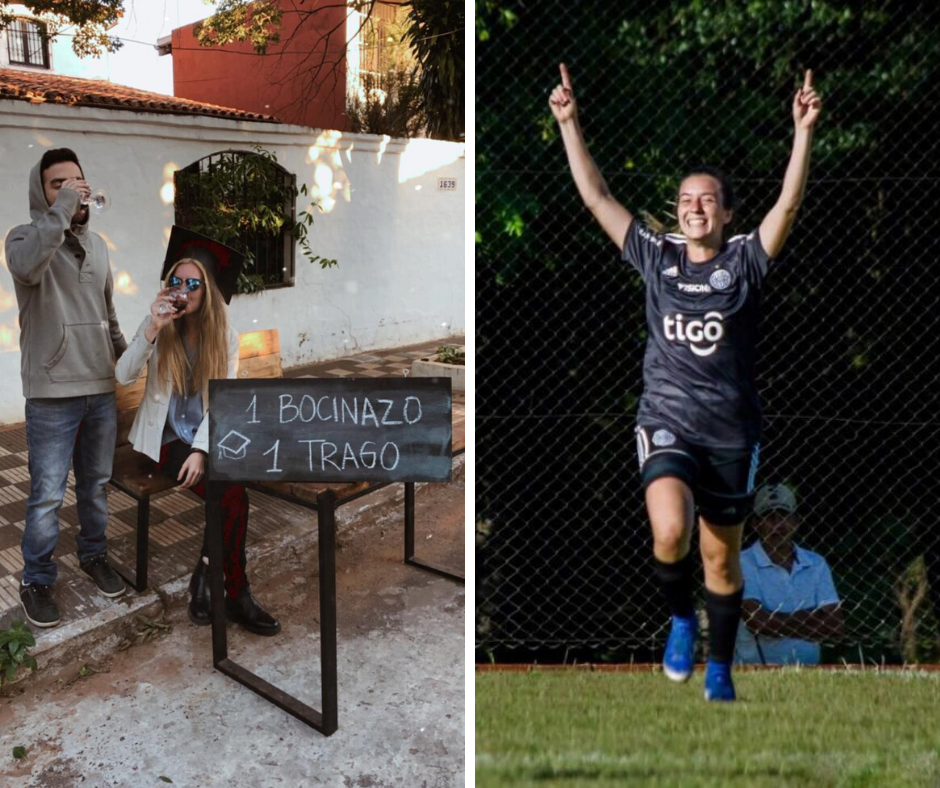 Collage de Maria Paz Vera jugando fútbol y con su cartel de un