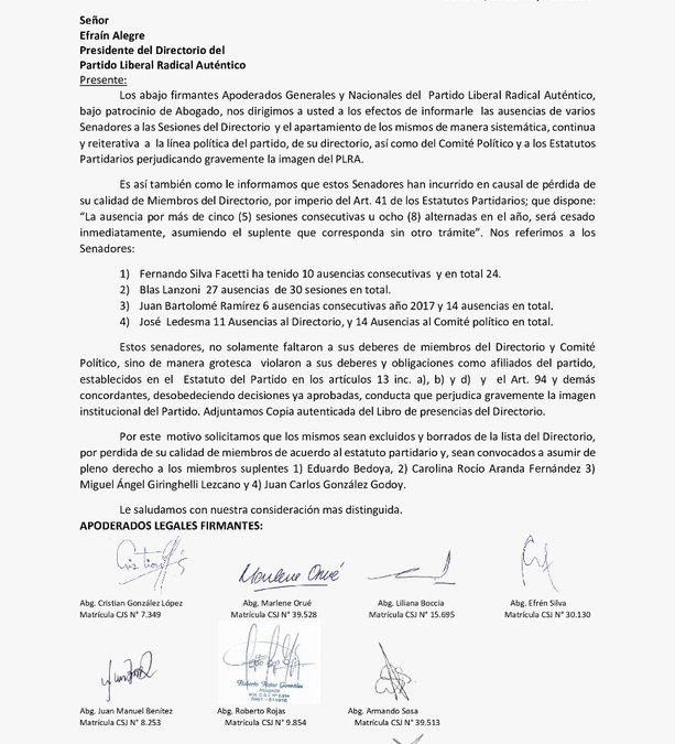 Efraín Alegre anunció la expulsión de cuatro miembros del directorio del PLRA