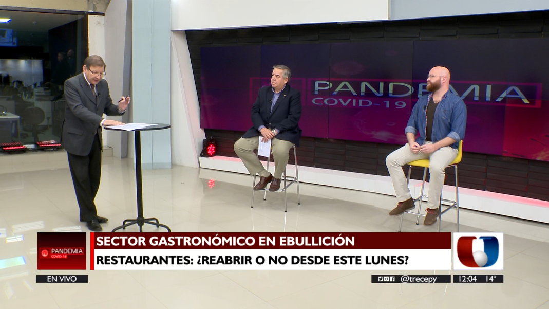 Los empresarios Juan Galeano Grassi, del Núcleo de Empresas Gastronómicas del Paraguay, y Néstor Filártiga, de la Asociación de Restaurantes en entrevista con Carlos Martini.