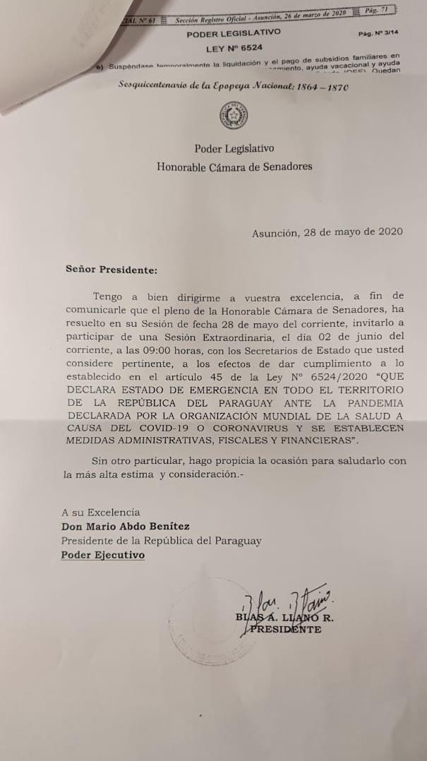 Nota enviada a Mario Abdo Benítez.