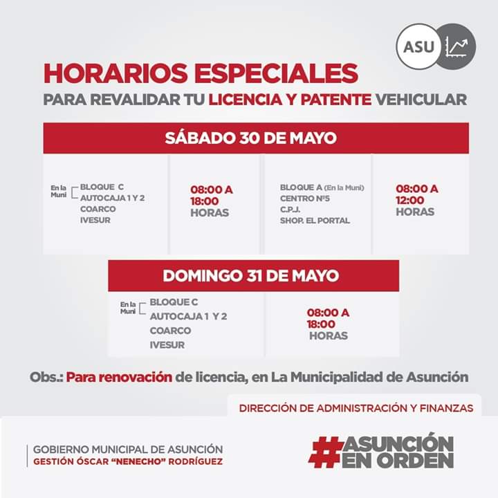 Horarios especiales de atención en la Municipalidad de Asunción. Fuente: Municipalidad de Asunción