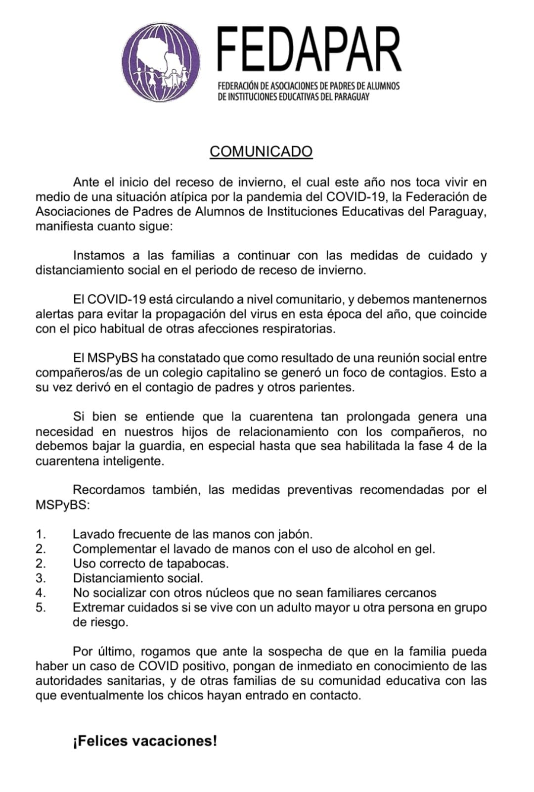 Comunicado de la Fedapar.