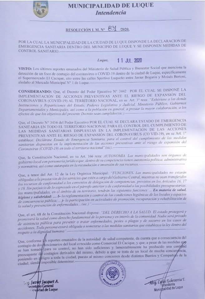 Resolución 831/2020 en la que declaran Emergencia Sanitaria en Luque.