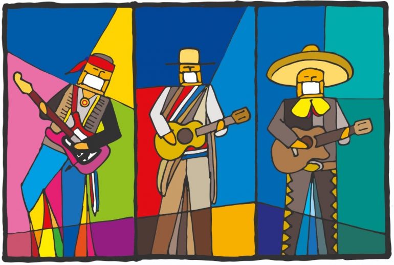 Una de las obras que será presentada: tres tipos de artistas músicos coloreados en colores vivos, los tres con guitarras en distintos estilos como rock, guarania y folklore.