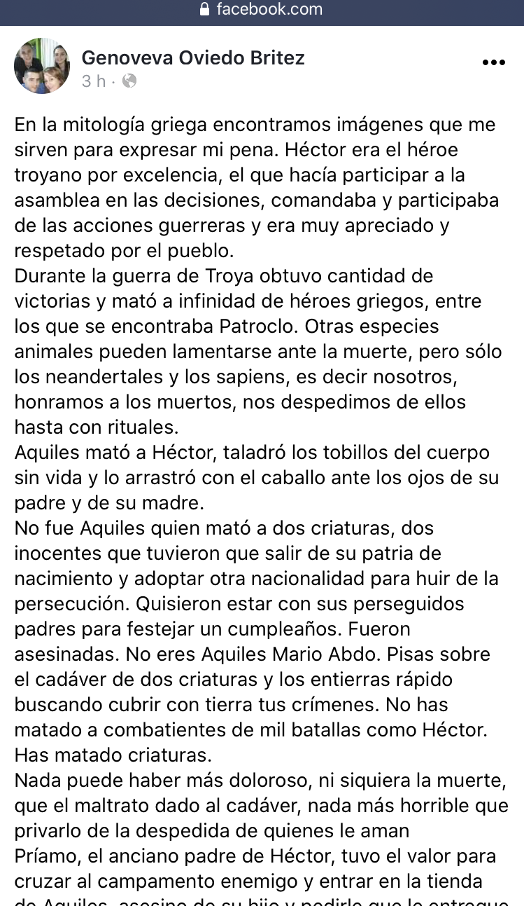 Captura de pantalla de la publicación de la hermana de Alcides Oviedo.