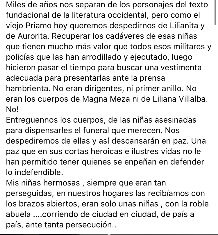 Captura de pantalla de la publicación de la hermana de Alcides Oviedo.
