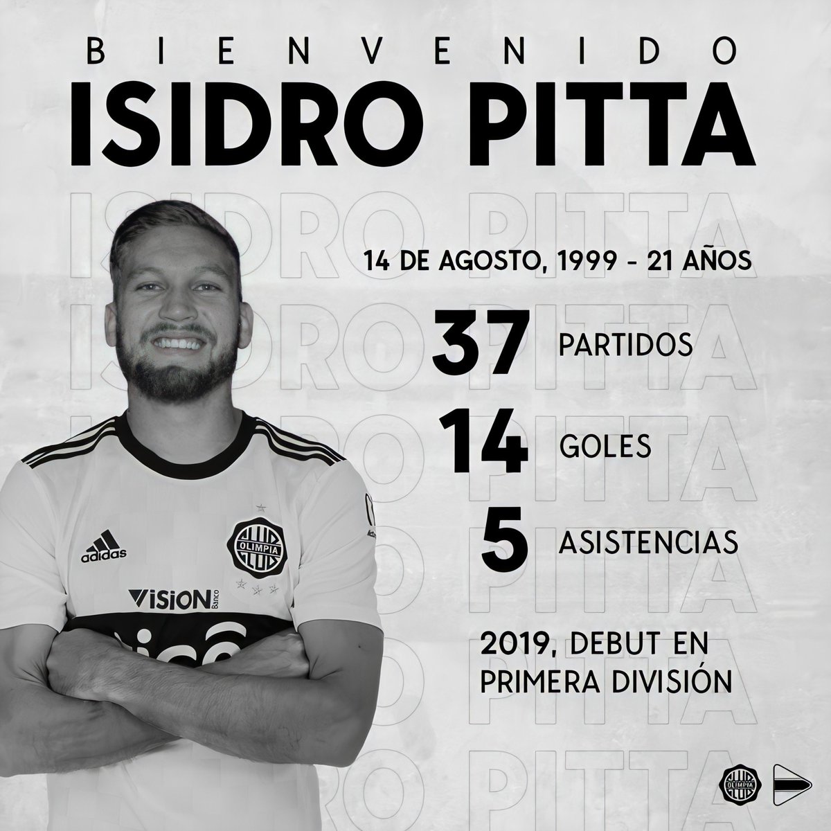 Afiche de bienvenida a Isidro Pitta en el Club Olimpia.