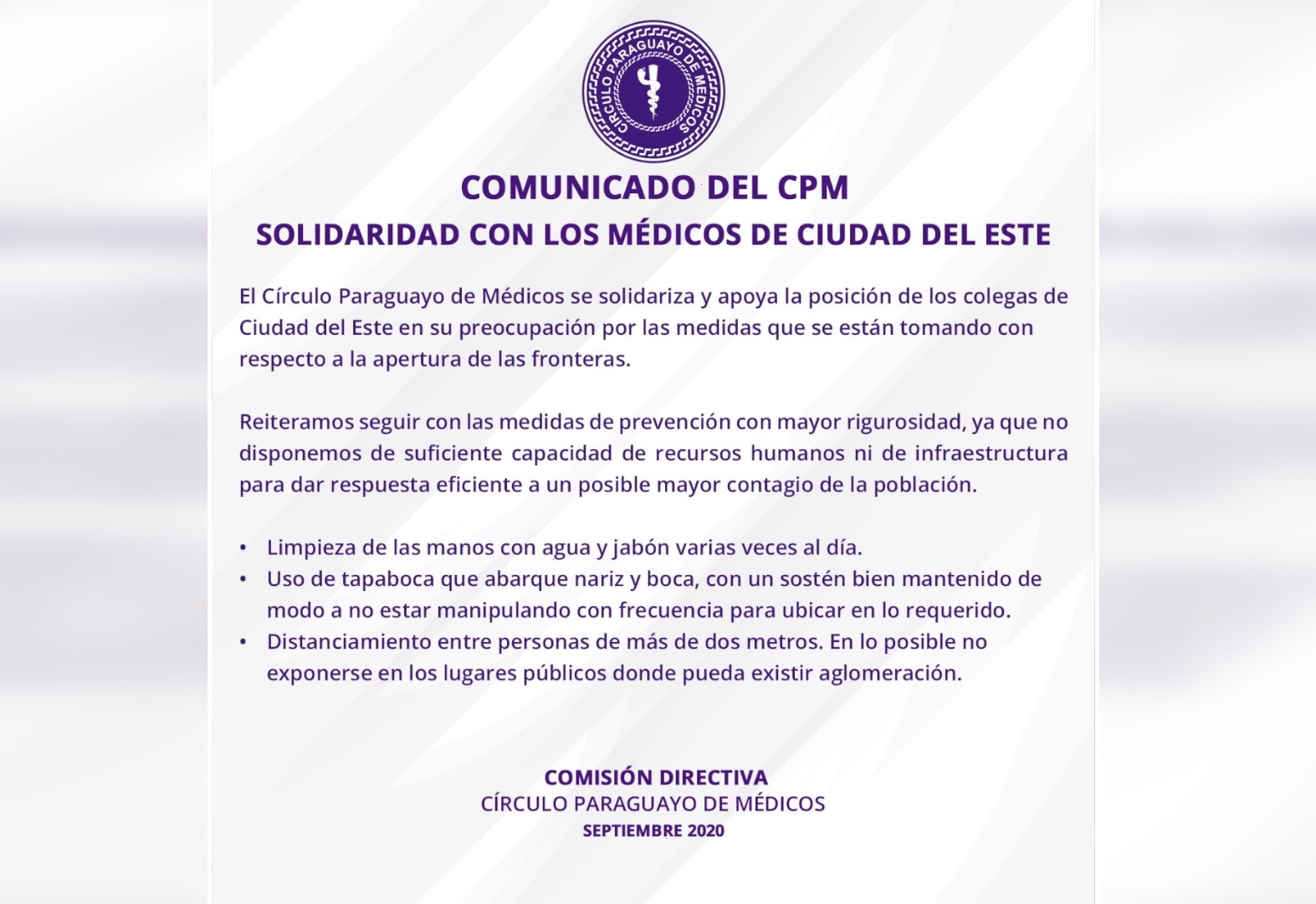 Comunicado del Círculo Paraguayo de Médicos (CPM)