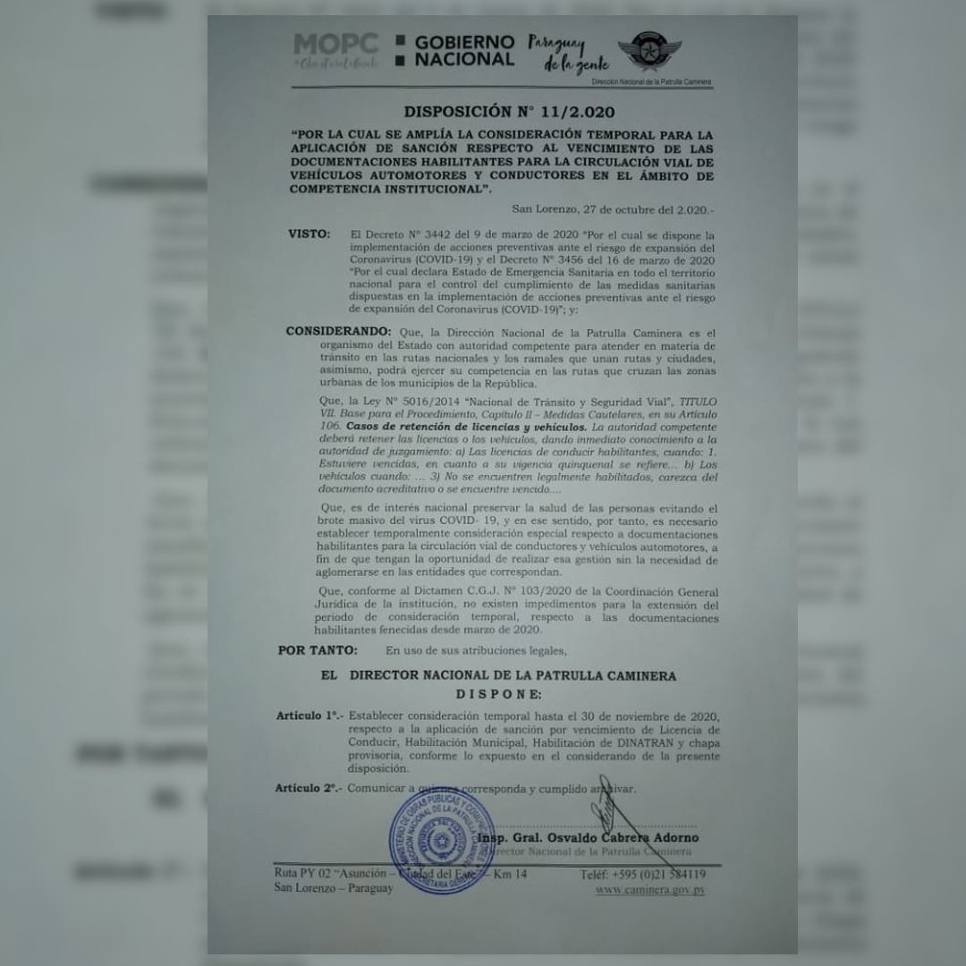Disposición Nro. 11/2020, expedida por la Dirección Nacional de la Patrulla Caminera. Fuente: MOPC.
