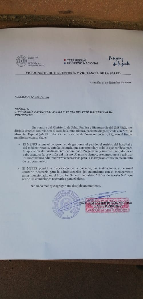 Salud asume el compromiso de gestionar el medicamento para Bianca.