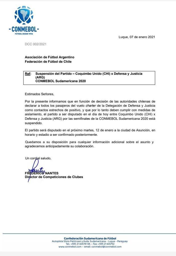 Conmebol suspende semifinal Coquimbo Unido vs Defensa y Justicia