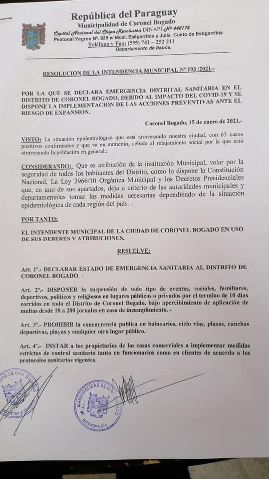 Municipalidad de Coronel Bogado declara emergencia