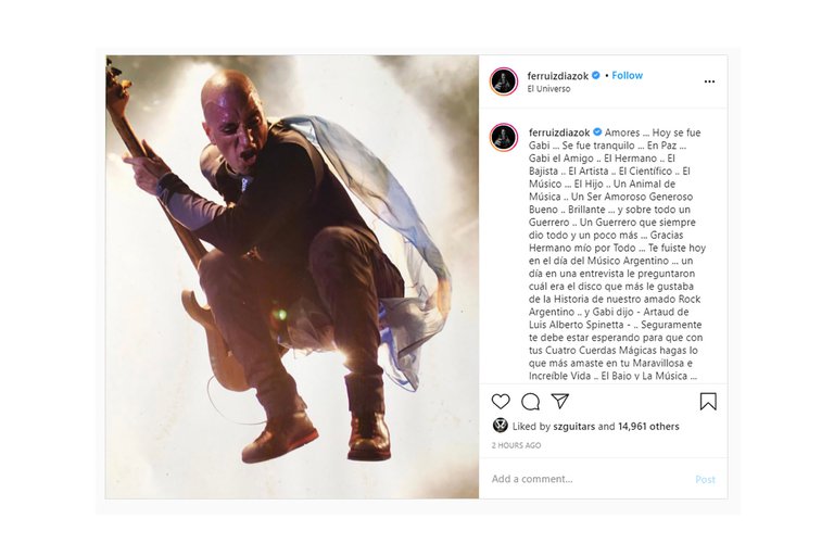 Fernando, líder de la banda, a través de su cuenta de Instagram informó del fallecimiento de su hermano.