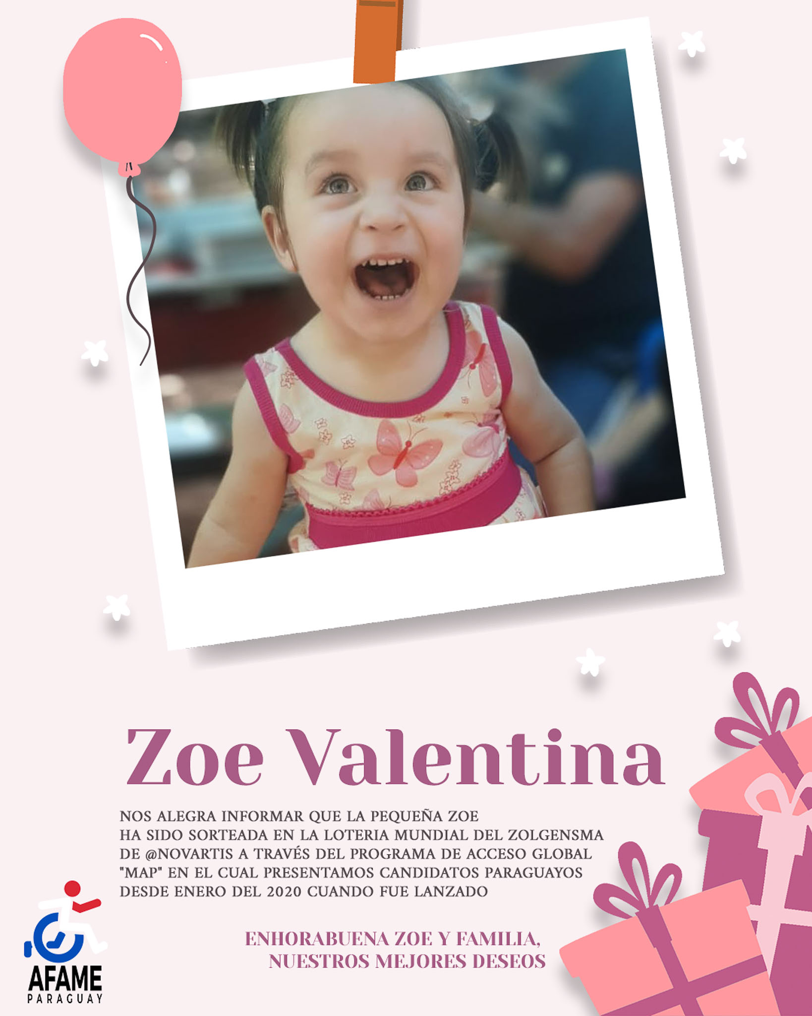 Zoe Valentina ganó sorteo mundial y recibirá el Zolgensma