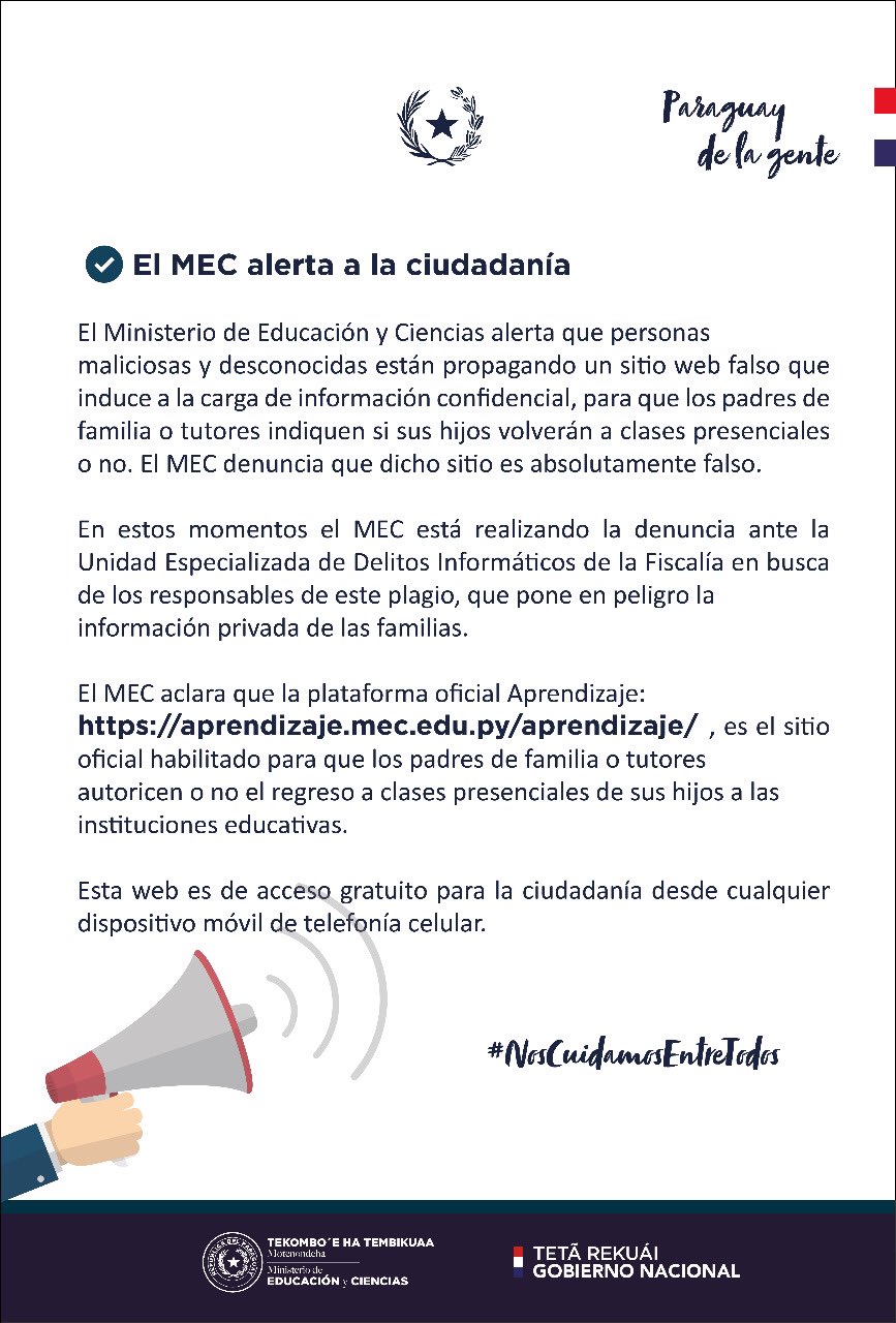 MEC alerta sobre sitio web falso de estafas