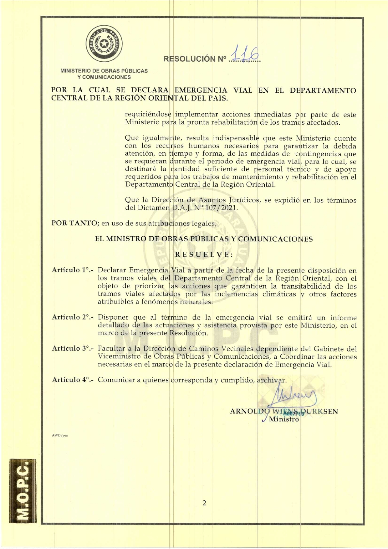 MOPC declara emergencia vial en Central