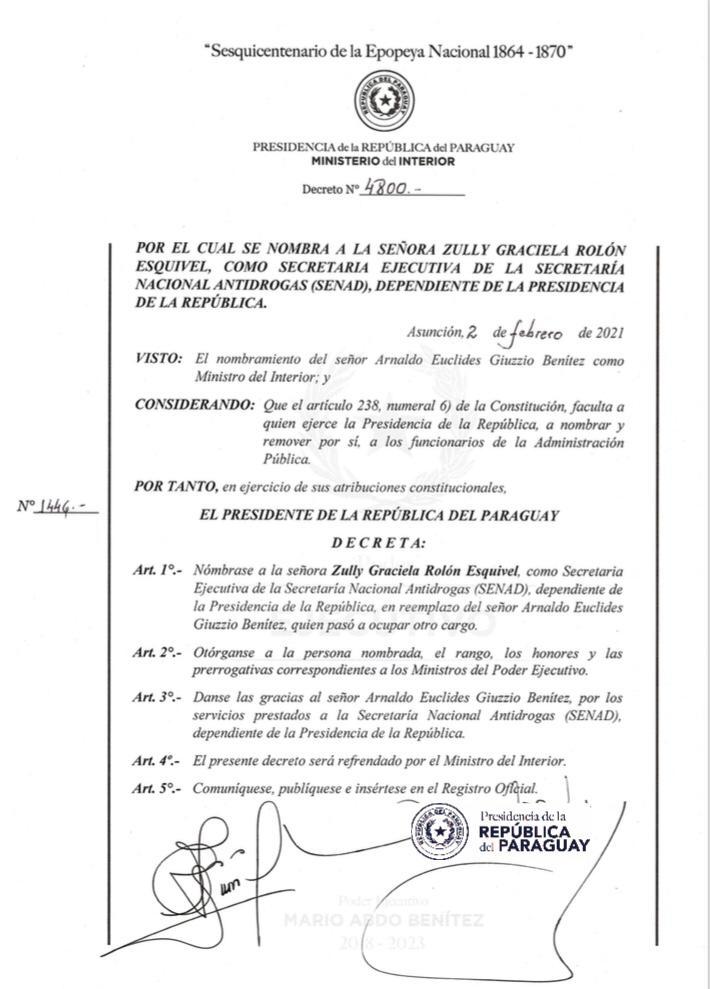Nombran a Zully Rolón como secretaria ejecutiva de la Secretaría Nacional Antidrogas