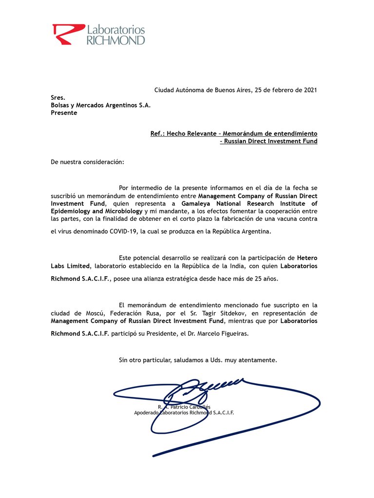 El laboratorio argentino firmó un acuerdo preliminar con el Fondo Ruso de Inversión Directa