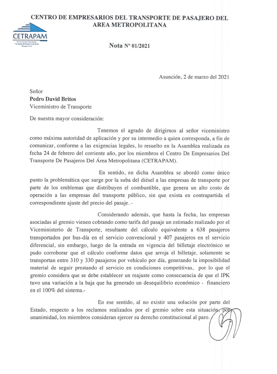 Cetrapam anuncia paro de transporte