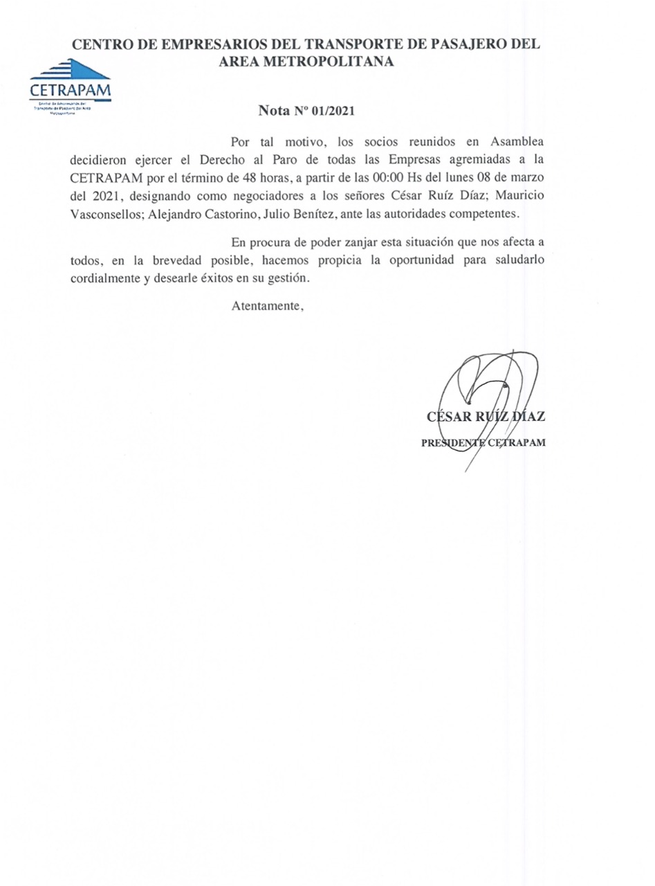 Cetrapam anuncia paro de transporte