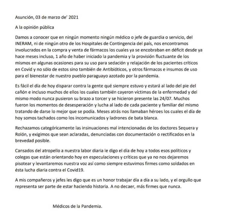 Comunicado de médicos del Ineram. Foto: gentileza.