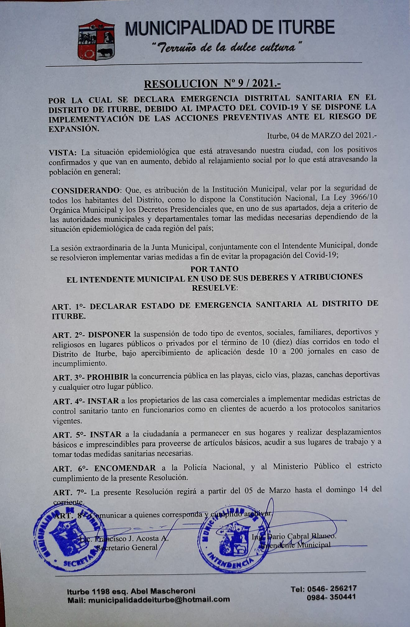 Ante aumento de casos, Iturbe declara emergencia sanitaria por 10 días