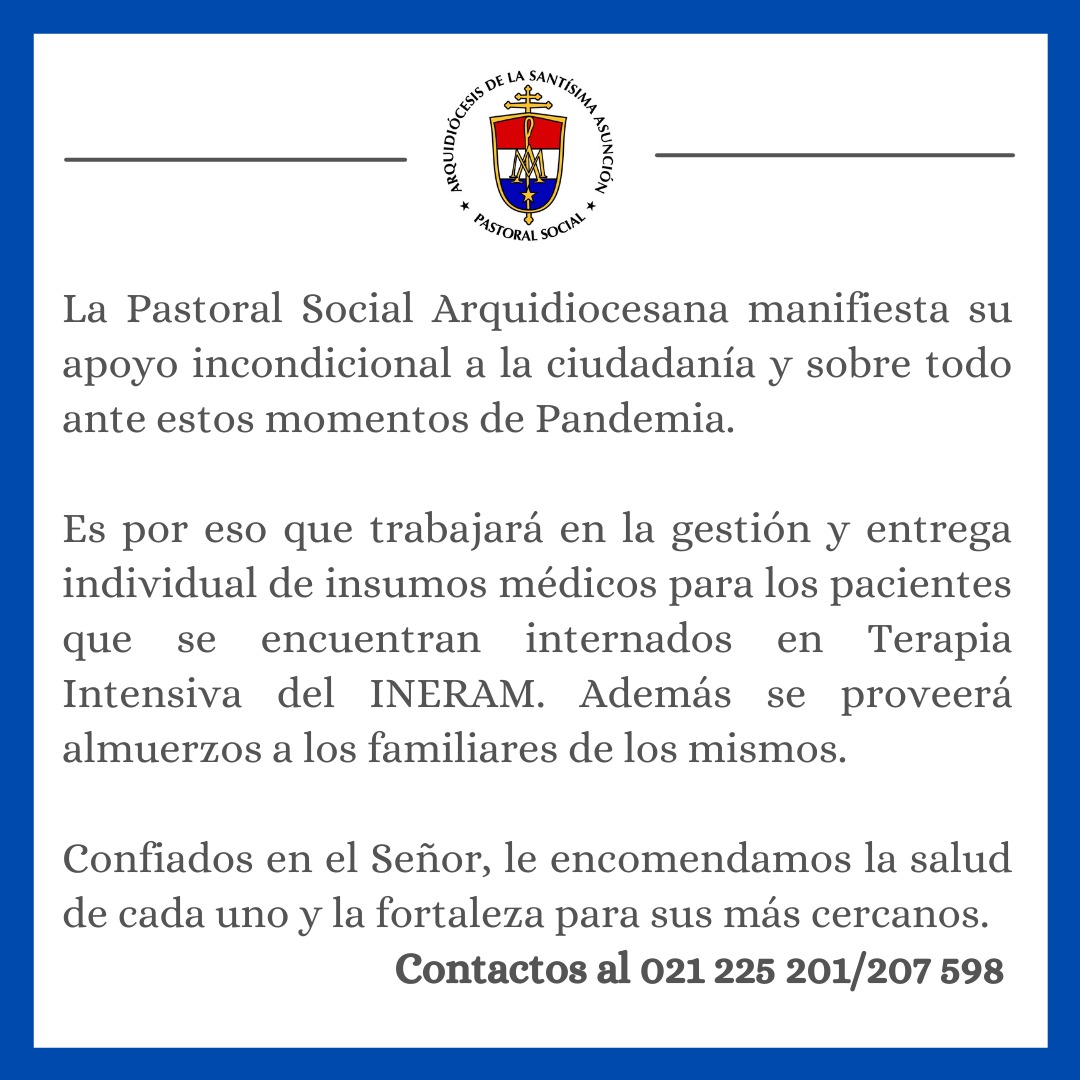Pastoral Arquidiocesana ayudará a internados por covid en el Ineram