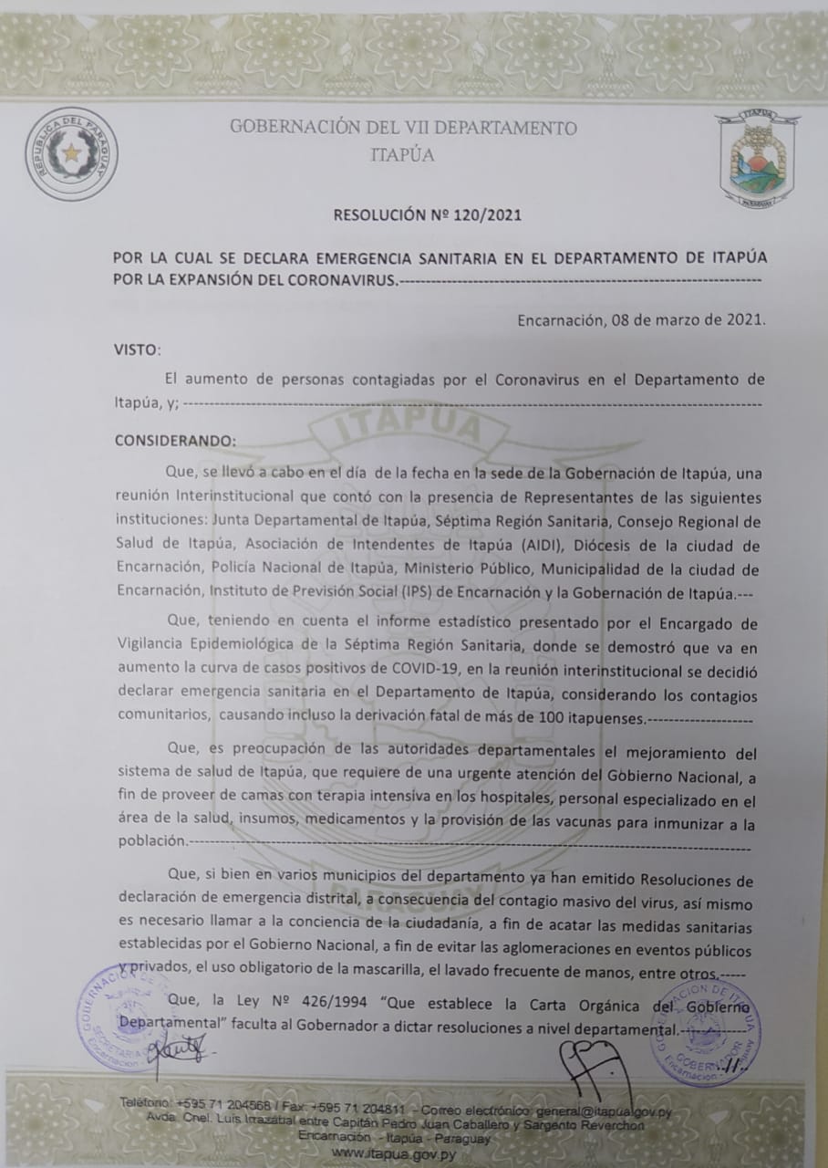 Emergencia sanitaria en Itapúa. Foto: Gentileza
