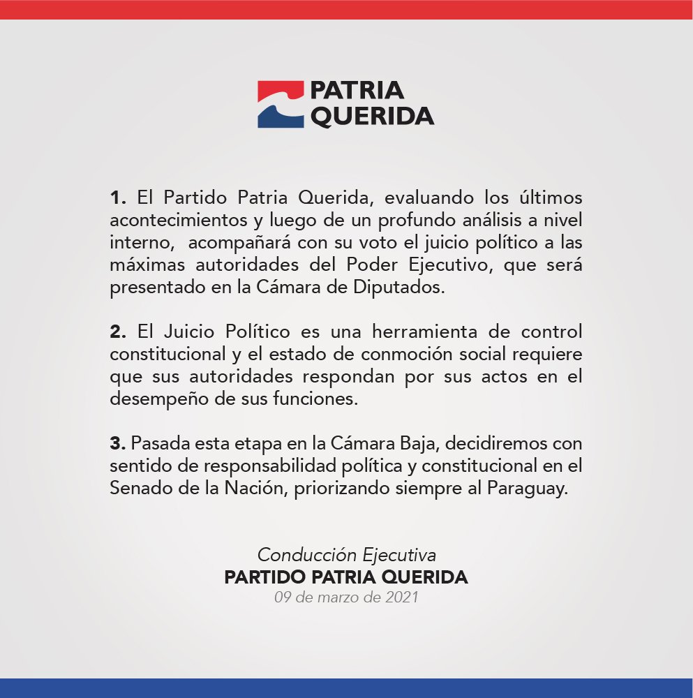 Patria Querida acompañará juicio político contra Abdo y Velázquez