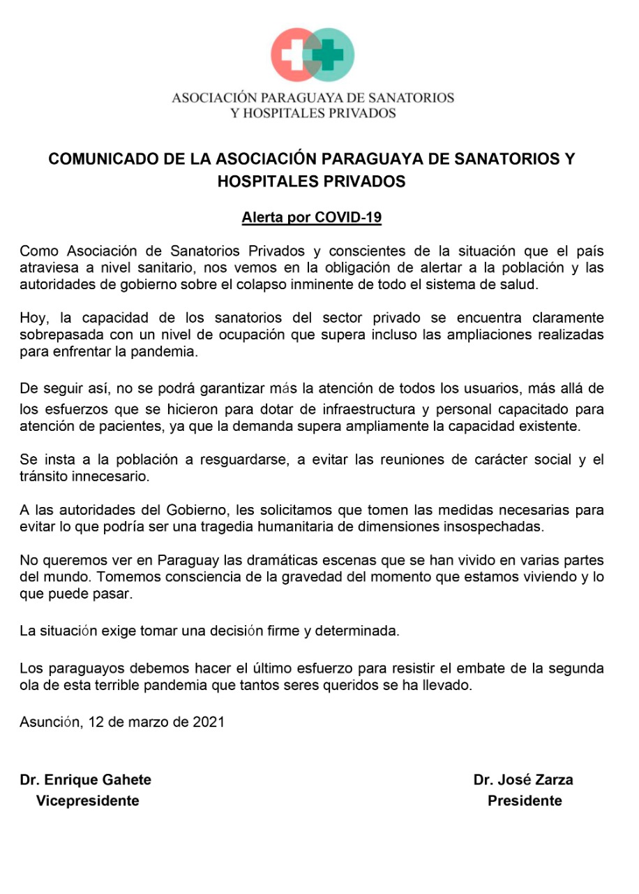 Comunicado de la Asociación Paraguaya de Hospitales y Sanatorios Privados