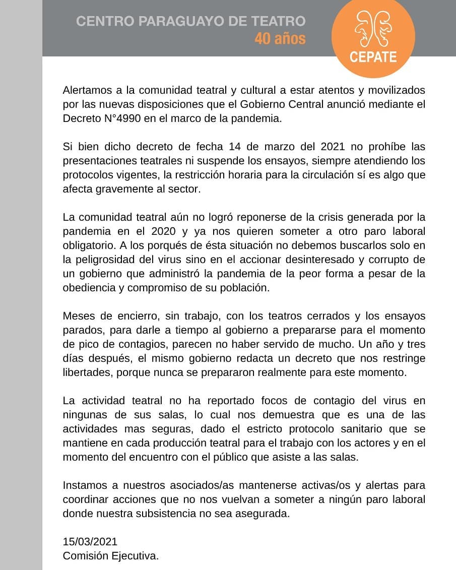 Comunicado del Centro Paraguayo de Teatro (CEPATE).