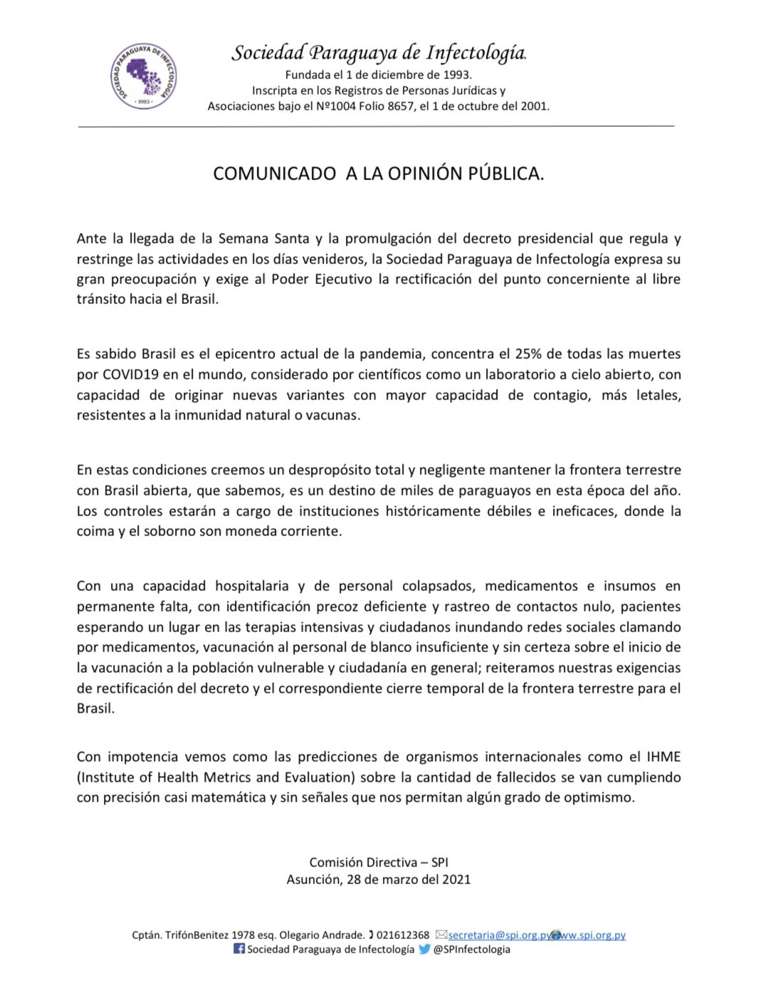 Sociedad de Infectología considera de negligente mantener la frontera abierta con Brasil