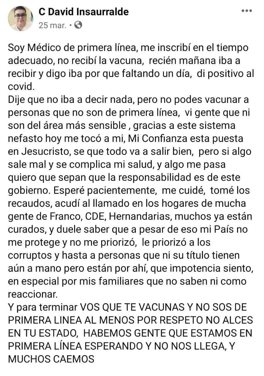 Falleció por covid el médico que denunció supuestas irregularidades en vacunación