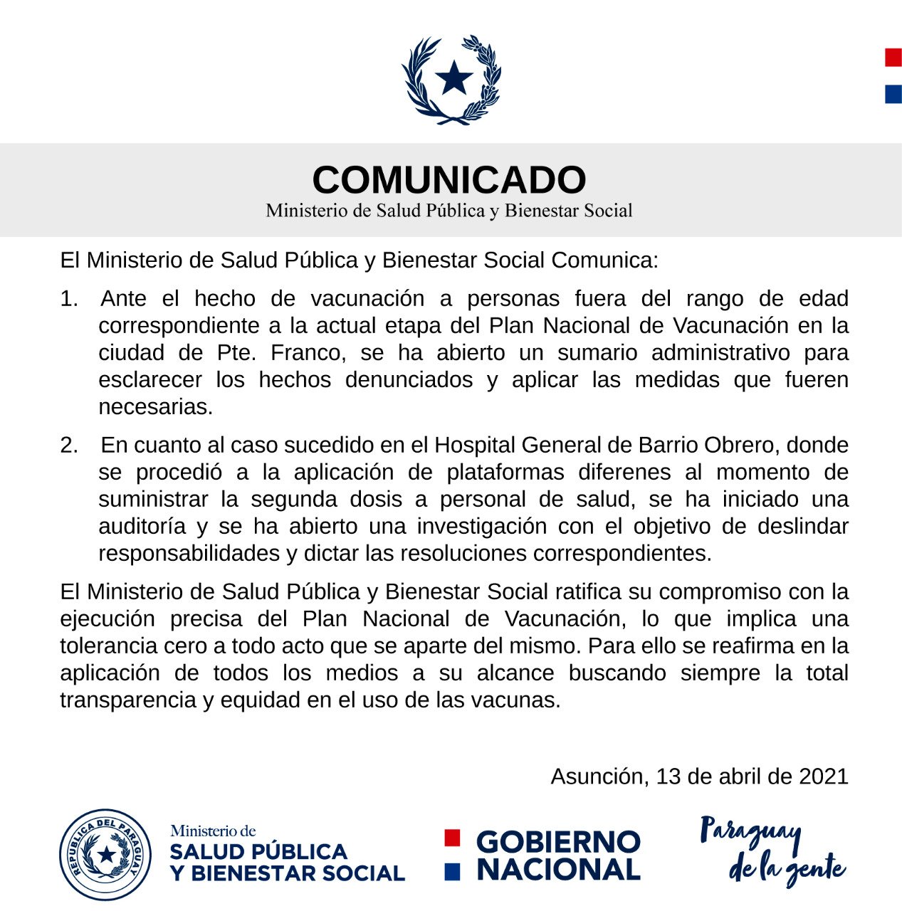Comunicado del Ministerio de Salud