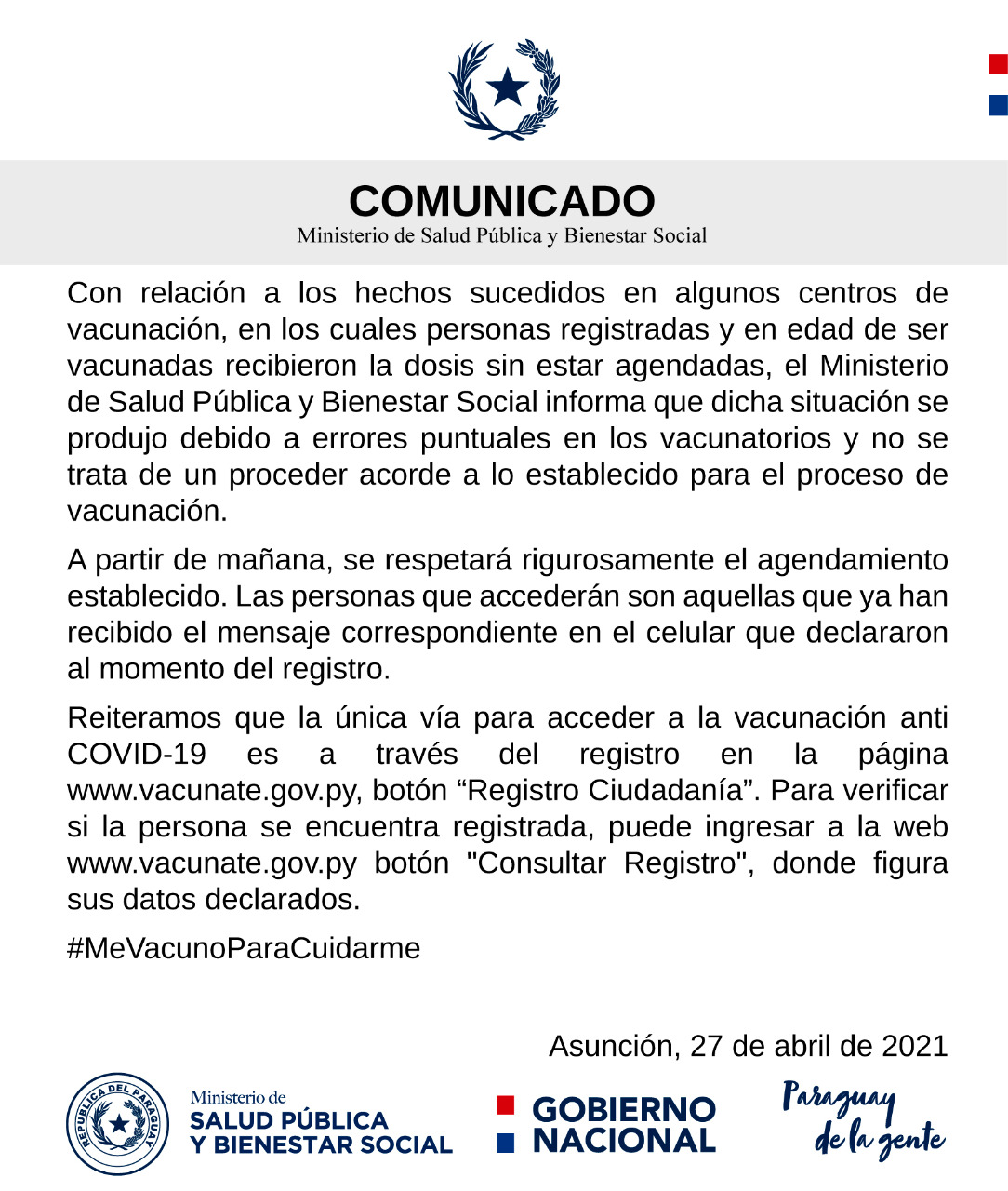 Comunicado del Ministerio de Salud