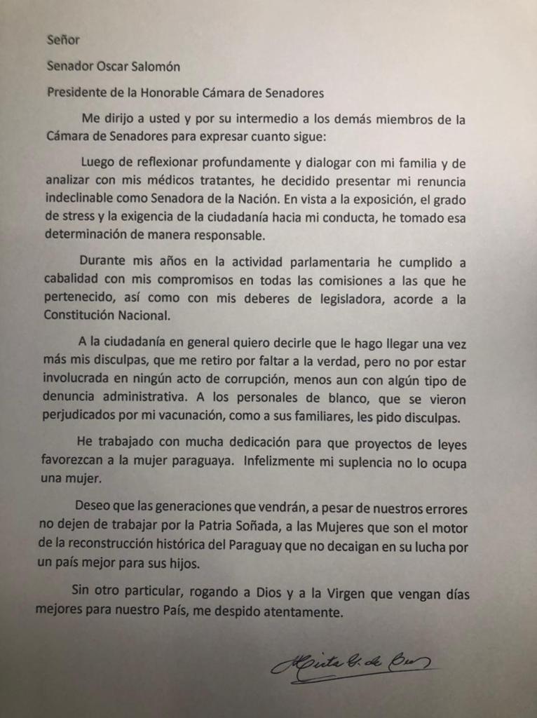 Renuncia de la senadora Mirta Gusinky al cargo. Foto: Gentileza.